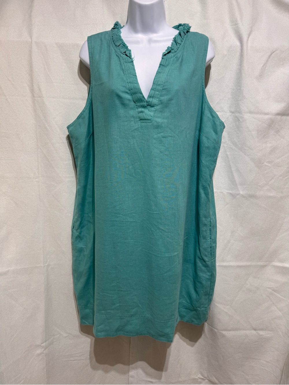 Tommy Bahama Two Palms Ruffle Shift Linen Dress Teal XL Pockets Lined Resort